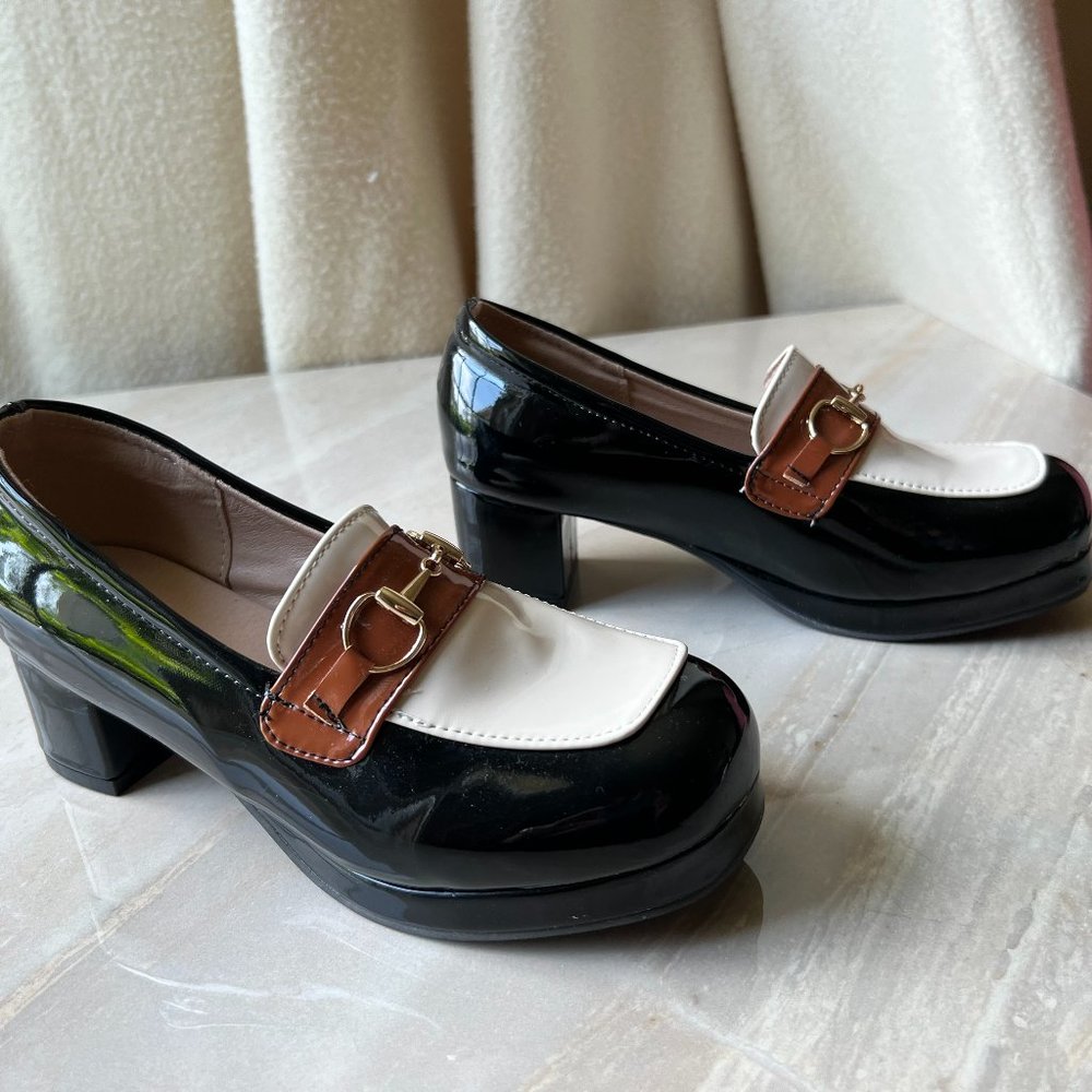 Block platform patent leather heels in black, brown and ivory size 7 gold accent